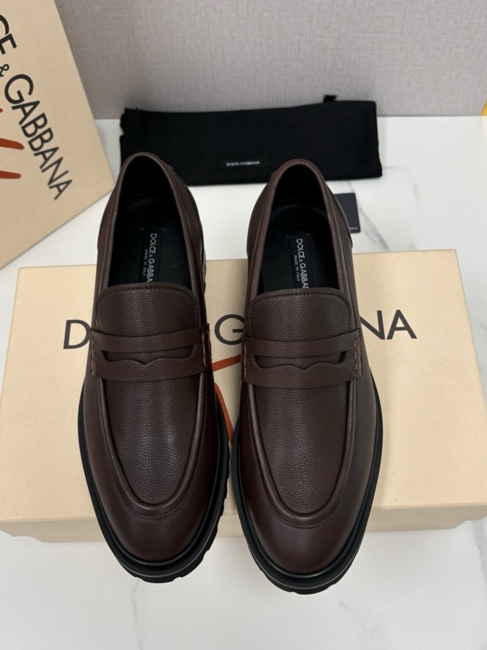 Dolce & Gabbana Men’s Brown Pebbled Leather Penny Loafers